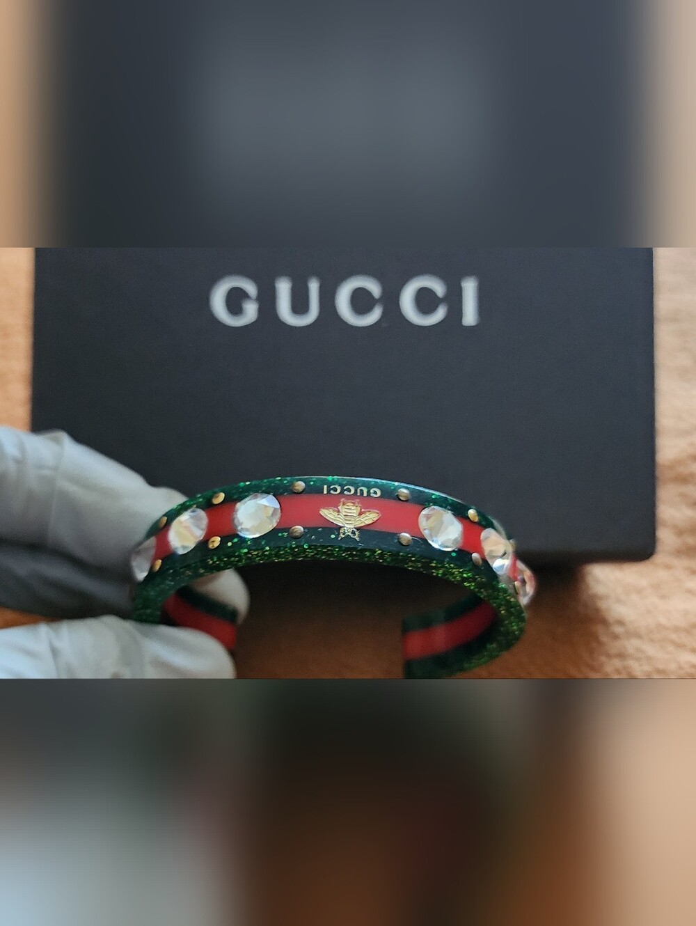 Gucci Green Glitter Resin Bangle Cuff with Red Stripe and Crystal With COA